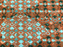 Load image into Gallery viewer, Designer Water &amp; Stain Resistant Indoor Outdoor Teal Green Copper Rusty Brown Abstract Upholstery Drapery Fabric