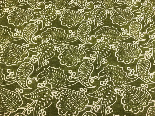 2005 Adam Claremont Boho Chic Olive Green Beige Floral Hand Printed Linen Fabric