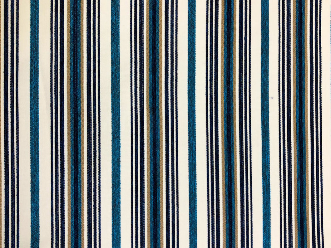 1 1/2 Yd Designer Cream Navy Blue Beige Turquoise Nautical Stripe Upholstery Fabric