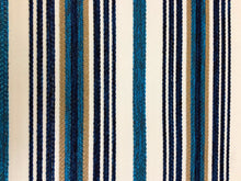 Load image into Gallery viewer, 1 1/2 Yd Designer Cream Navy Blue Beige Turquoise Nautical Stripe Upholstery Fabric