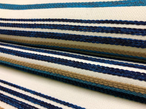 1 1/2 Yd Designer Cream Navy Blue Beige Turquoise Nautical Stripe Upholstery Fabric