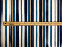 Load image into Gallery viewer, 1 1/2 Yd Designer Cream Navy Blue Beige Turquoise Nautical Stripe Upholstery Fabric