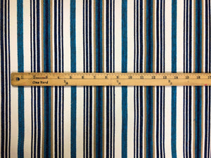 1 1/2 Yd Designer Cream Navy Blue Beige Turquoise Nautical Stripe Upholstery Fabric