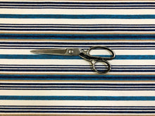 Load image into Gallery viewer, 1 1/2 Yd Designer Cream Navy Blue Beige Turquoise Nautical Stripe Upholstery Fabric