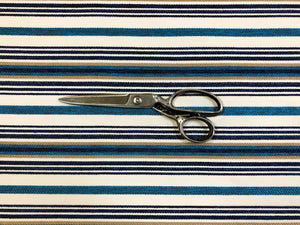 1 1/2 Yd Designer Cream Navy Blue Beige Turquoise Nautical Stripe Upholstery Fabric