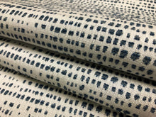 Load image into Gallery viewer, Designer Water &amp; Stain Resistant Denim Blue Off White Abstract Geometric Upholstery Drapery Fabric
