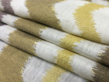 Load image into Gallery viewer, Designer Mustard Gold Taupe Mauve Abstract Embroidered Linen Drapery Fabric