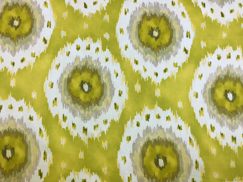 Richloom Alhambra Citrus Water & Stain Resistant Chartreuse Green Cream Silver Taupe Ikat Cotton Twill Upholstery Drapery Fabric