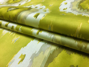 Richloom Alhambra Citrus Water & Stain Resistant Chartreuse Green Cream Silver Taupe Ikat Cotton Twill Upholstery Drapery Fabric