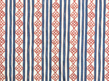 Load image into Gallery viewer, 1.75 Yds Nine Muses Charman Stripe Tomato Denim 05 Navy Blue Cream Red Linen Upholstery Drapery Fabric