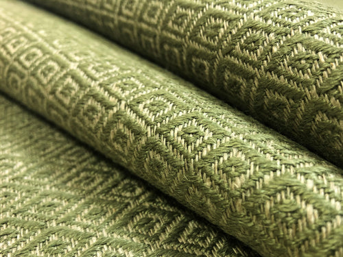 Designer Olive Green Taupe Small Scale Geometric Linen MCM Upholstery Fabric