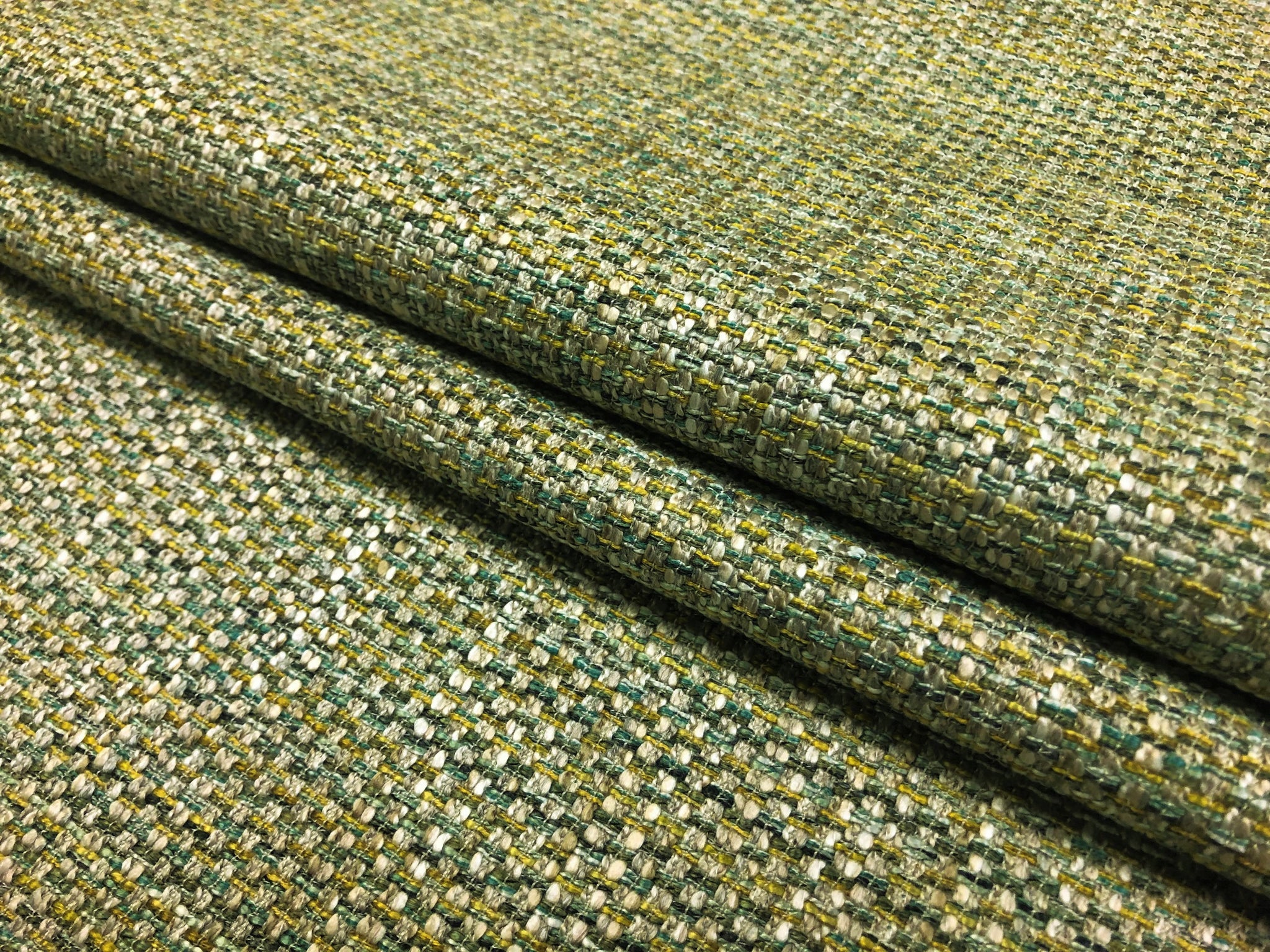 Good Lime Green Yellow Taupe Woven MCM Mid Century Modern Tweed Upholstery Drapery Fabric