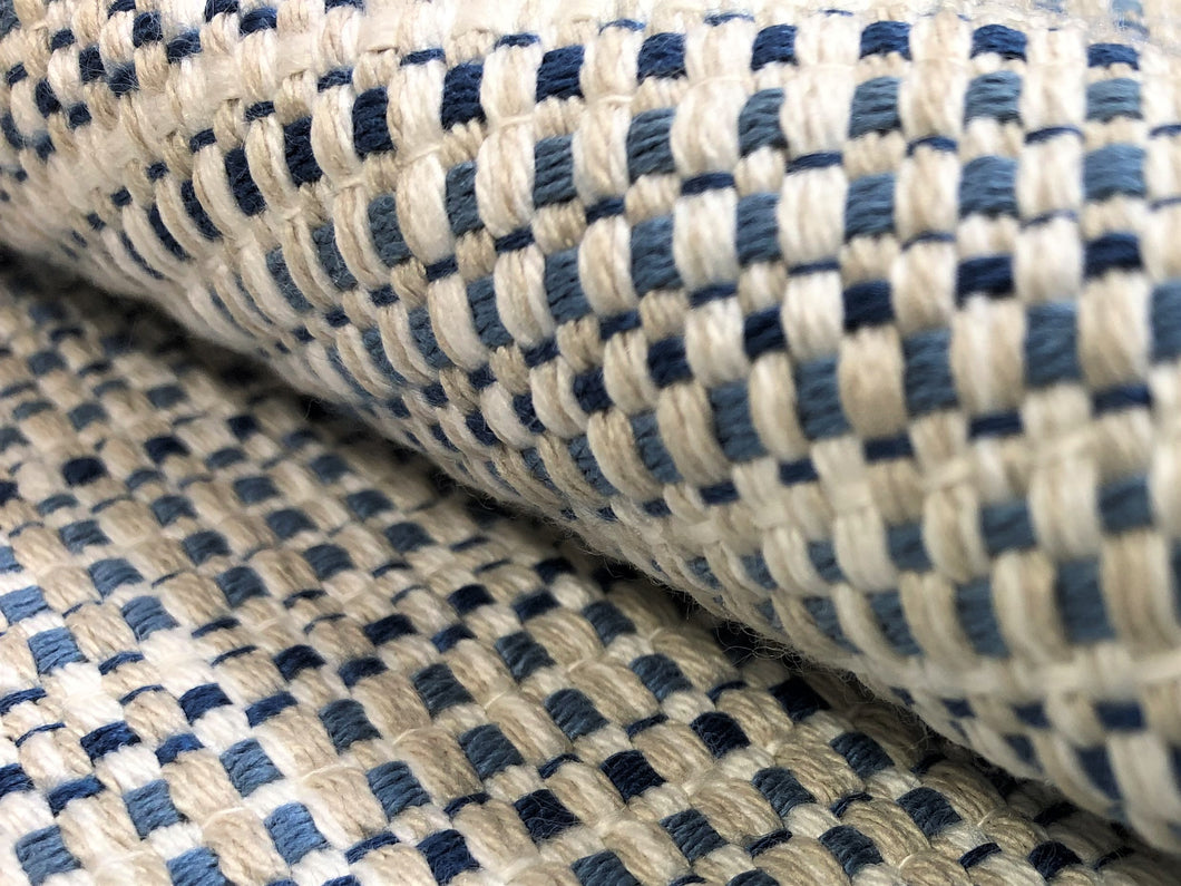 Designer Water & Stain Resistant Woven Navy French Blue Beige White MCM Upholstery Fabric