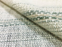 Load image into Gallery viewer, Semi Sheer Woven Faux Linen Ivory Seafoam Green Aqua Stripe Drapery Fabric