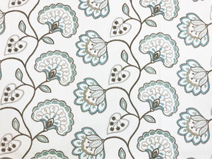 42" Wide Ivory Brown Blue Seafoam Embroidered Floral Jacobean Drapery Fabric