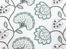 Load image into Gallery viewer, 42&quot; Wide Ivory Brown Blue Seafoam Embroidered Floral Jacobean Drapery Fabric
