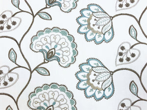 42" Wide Ivory Brown Blue Seafoam Embroidered Floral Jacobean Drapery Fabric