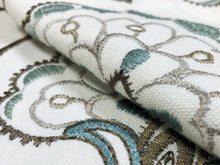Load image into Gallery viewer, 42&quot; Wide Ivory Brown Blue Seafoam Embroidered Floral Jacobean Drapery Fabric