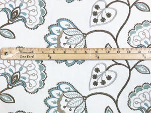 42" Wide Ivory Brown Blue Seafoam Embroidered Floral Jacobean Drapery Fabric