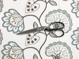 42" Wide Ivory Brown Blue Seafoam Embroidered Floral Jacobean Drapery Fabric