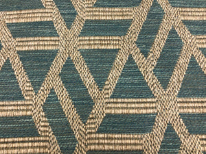 Designer Woven Linen Viscose Teal Blue Beige Geometric Abstract Upholstery Fabric