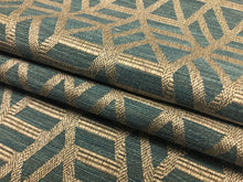 Load image into Gallery viewer, Designer Woven Linen Viscose Teal Blue Beige Geometric Abstract Upholstery Fabric