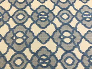 One Yd Designer Water & Stain Resistant French Blue Grey Beige Geometric Medallion Upholstery Fabric