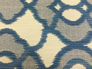 One Yd Designer Water & Stain Resistant French Blue Grey Beige Geometric Medallion Upholstery Fabric