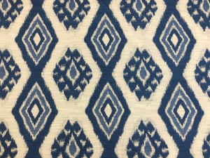 One Yd Designer Water & Stain Resistant French Blue Beige Ethnic Ikat Geometric Upholstery Drapery Fabric