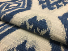 Load image into Gallery viewer, One Yd Designer Water &amp; Stain Resistant French Blue Beige Ethnic Ikat Geometric Upholstery Drapery Fabric