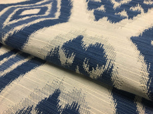 One Yd Designer Water & Stain Resistant French Blue Beige Ethnic Ikat Geometric Upholstery Drapery Fabric
