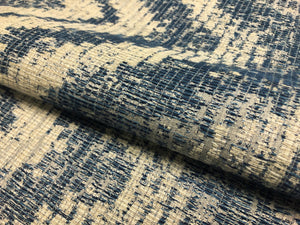 One Yd Designer Water & Stain Resistant Woven Navy Blue Beige Abstract Ethnic Upholstery Fabric