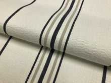 Load image into Gallery viewer, Designer Ivory Black Taupe Nautical Stripe Upholstery Backed Linen Fabric