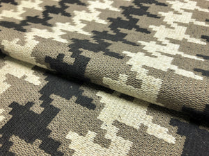 Linen MCM Mid Century Modern Flax Taupe Charcoal Grey Cream Houndstooth Geometric Upholstery Fabric