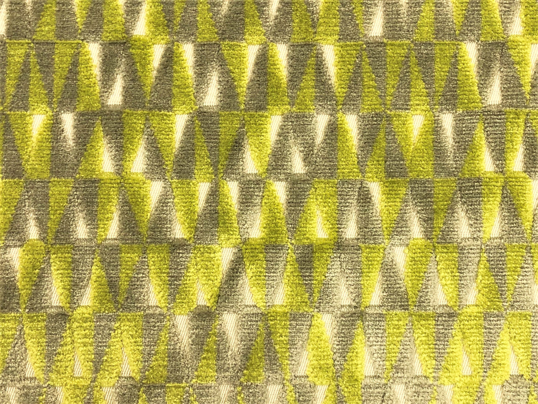 1.5 Yds Designer Lime Green Taupe Beige Geometric Cut Velvet Upholstery Fabric