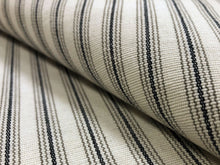 Load image into Gallery viewer, Designer Water &amp; Stain Resistant Charcoal Grey Taupe Cream Ticking Stripe Canvas Upholstery Fabric