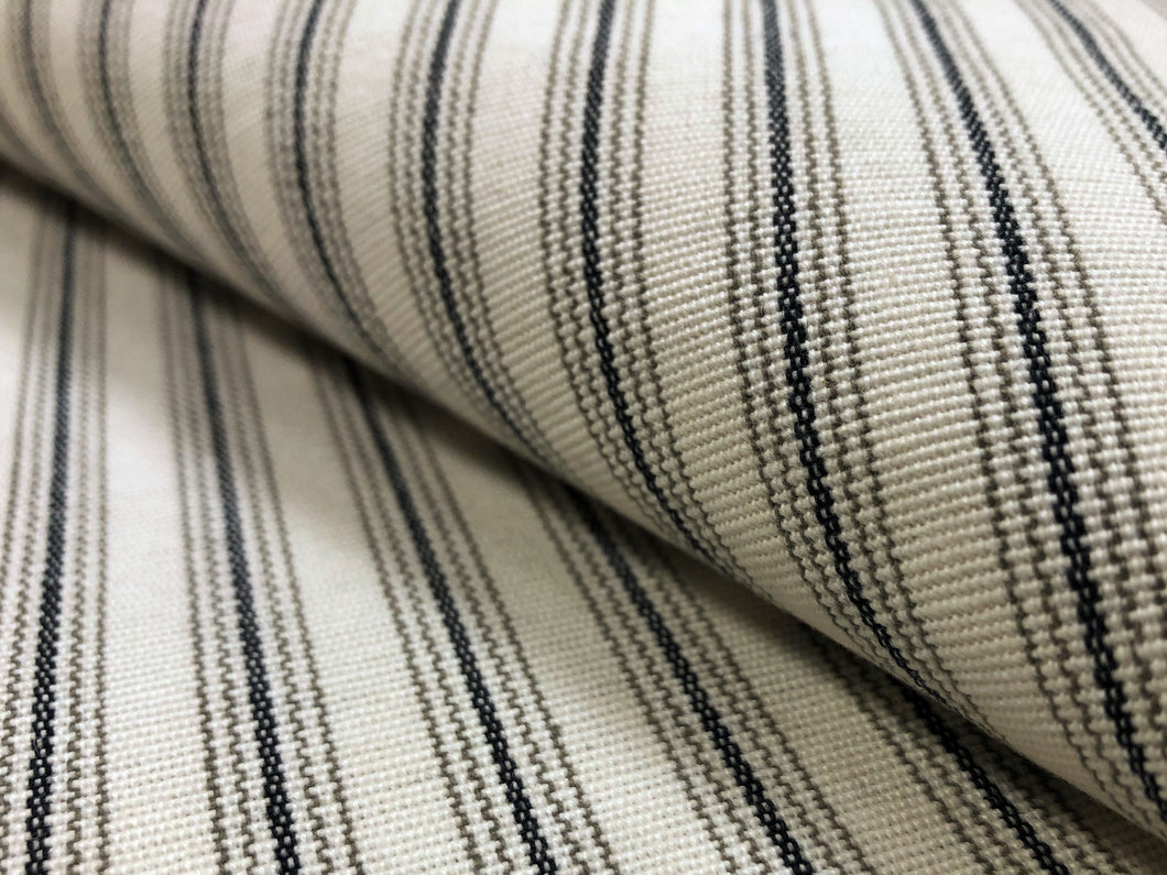 Designer Water & Stain Resistant Charcoal Grey Taupe Cream Ticking Stripe Canvas Upholstery Fabric