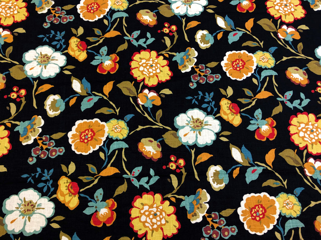 1.75 Yd Cotton Black Orange Green Cream Floral Upholstery Drapery Fabric