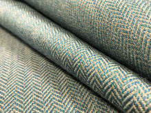 Load image into Gallery viewer, Designer Water &amp; Stain Resistant Teal Blue Beige MCM Small Scale Herringbone Upholstery Drapery Fabric