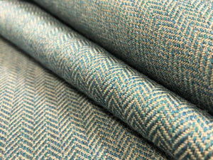 Designer Water & Stain Resistant Teal Blue Beige MCM Small Scale Herringbone Upholstery Drapery Fabric