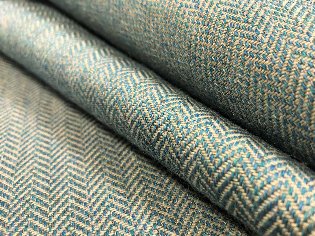 Designer Water & Stain Resistant Teal Blue Beige MCM Small Scale Herringbone Upholstery Drapery Fabric