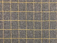 Load image into Gallery viewer, Water &amp; Stain Resistant Grey Gold Metallic Mustard Yellow Windowpane Plaid Wool Upholstery Fabric