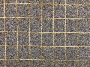 Water & Stain Resistant Grey Gold Metallic Mustard Yellow Windowpane Plaid Wool Upholstery Fabric