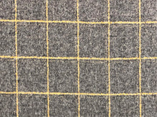 Load image into Gallery viewer, Water &amp; Stain Resistant Grey Gold Metallic Mustard Yellow Windowpane Plaid Wool Upholstery Fabric