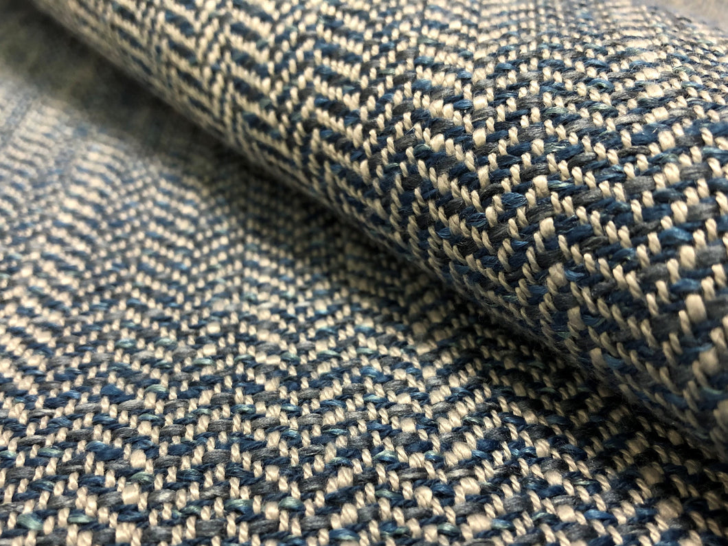 Designer Water & Stain Resistant Navy Blue Grey Herringbone MCM Upholstery Fabric