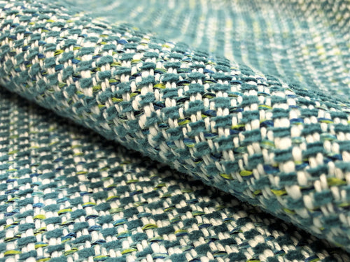 Designer Water & Stain Resistant Indoor Outdoor Teal Green White MCM Tweed Upholstery Fabric