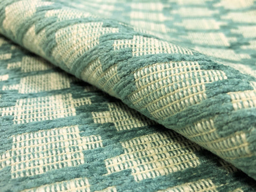 Designer Water & Stain Resistant Seafoam Aqua Cream Geometric Chenille Upholstery Fabric