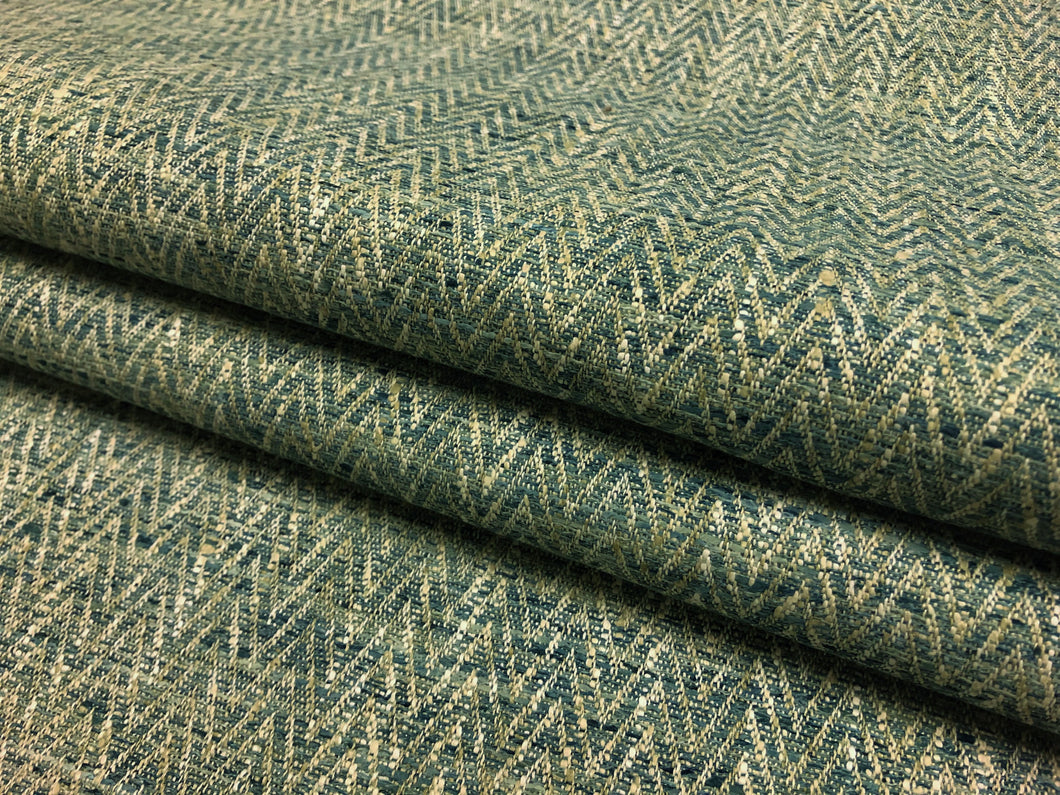 Designer Teal Blue Beige Cream Herringbone MCM Mid Century Modern Upholstery Drapery Fabric