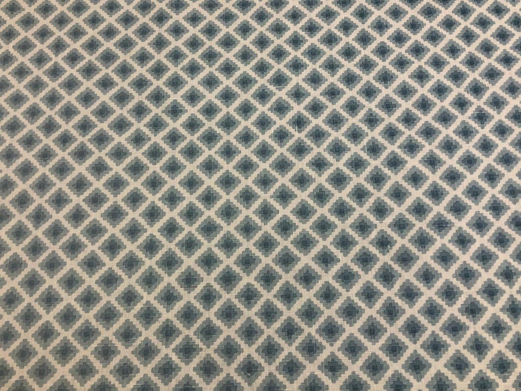 1 1/3 Yd Designer Hand Printed White Blue Geometric Belgian Linen Upholstery Drapery Fabric