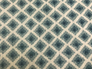1 1/3 Yd Designer Hand Printed White Blue Geometric Belgian Linen Upholstery Drapery Fabric